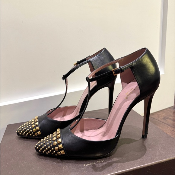 Gucci Malaga Kid Nero T-strap Studded Heels Size 37 - Picture 2 of 9